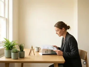 Professional die een ESG-duurzaamheidsrapport bestudeert aan een eikenhouten bureau met kleine potplanten en een kompas.