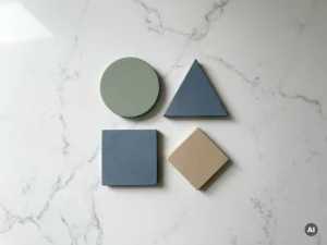 Vier geometrische vormen in salie, leisteen en steentinten op wit marmer, gerangschikt in een minimalistisch bovenaanzicht met zacht natuurlijk licht.