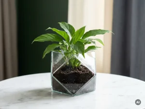 Weelderige groene plant in geometrisch glazen vaasje op wit marmeren oppervlak, minimalistische compositie met zachte schaduwen.
