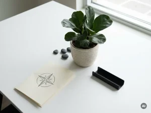 Weelderige groene plant in keramische pot op minimalistisch vergadertafel met gevouwen document en pen.