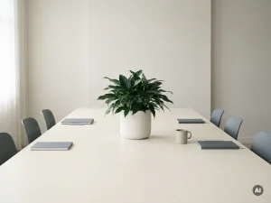 Groene plant in witte keramieken pot op minimalistische vergadertafel, gefotografeerd van bovenaf in zacht natuurlijk licht.