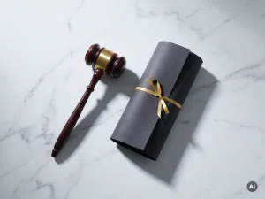 Houten rechtershamer op marmeren ondergrond naast gevouwen formeel document, minimalistische bovenaanzicht compositie.