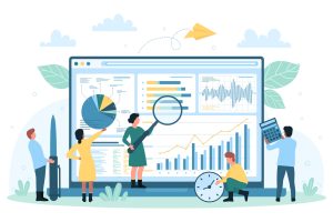 Data monitoring and analysis on desktop, tiny people with magnifying glass research graph