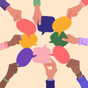Diverse human hands holding speech bubbles. People talking, exchange ideas. Team cooperation and communication.
