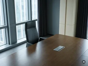 Leeg leren directiestoel aan het hoofd van een donkere eikenhouten vergadertafel met omgekeerd naamplaatje, koel daglicht door hoge ramen.