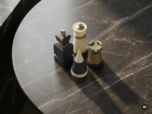 Vier geometrische schaakstukken op gepolijst donker marmer, zacht verlicht van linksboven, in goud-, ivoor- en antracietkleurige tinten.