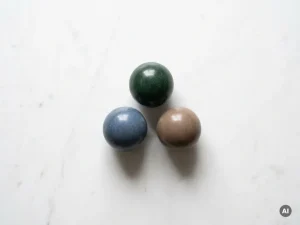 Drie matte stenen bollen in groen, blauw en bruin, driehoeksgewijs gerangschikt op wit marmer met zachte schaduwen.