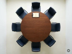 Ronde vergadertafel van bovenaf met symmetrisch geplaatste leren stoelen en een open notitieboek aan het hoofd.