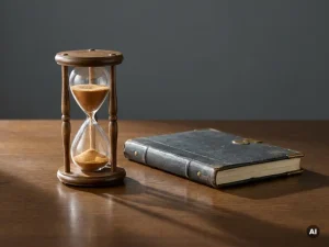 Vintage zandloper met stromend zand naast een leren bestuursboek op een donkere eiken vergadertafel, warm amberkleurig licht.